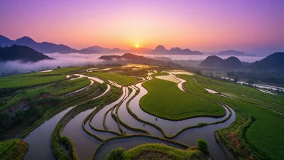 春分节气充满生机的绿色梯田风光