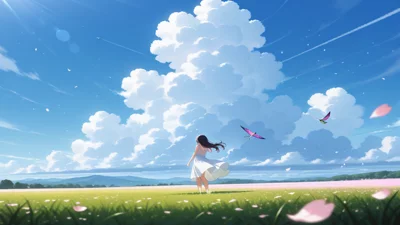 春分节气放风筝的日系动漫少女