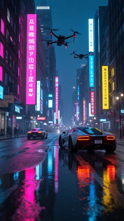 赛博朋克风格霓虹灯雨夜城市街景