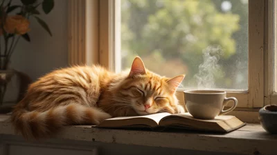 窗边晒太阳的可爱橘猫治愈系壁纸