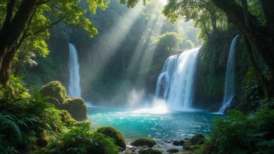热带雨林深处如画般的瀑布风景