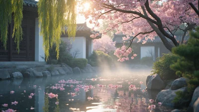 春分时节的中式园林桃花盛开晨雾景观