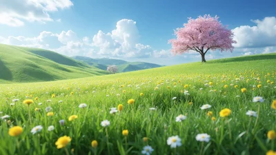 春分时节广阔的绿色田野和野花