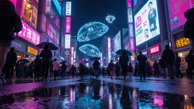 雨后新宿街头赛博朋克霓虹夜景