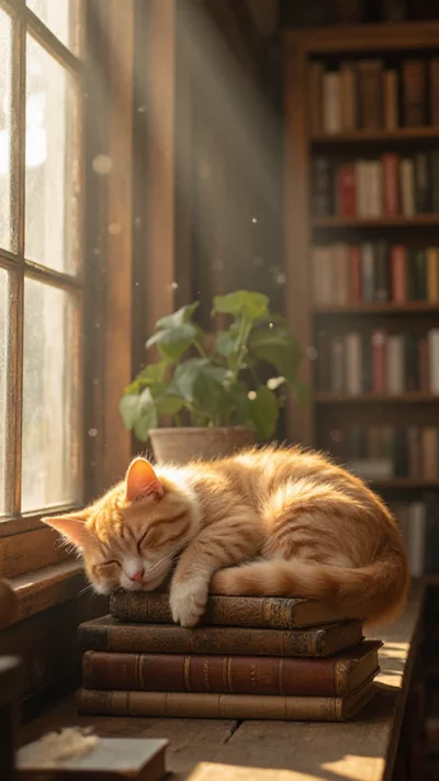 书店窗边晒太阳的橘猫治愈壁纸