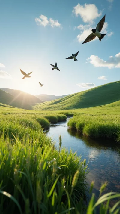 春分时节绿色田野与燕子的写实风景摄影