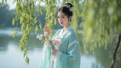 春分时节柳树下的汉服少女写真