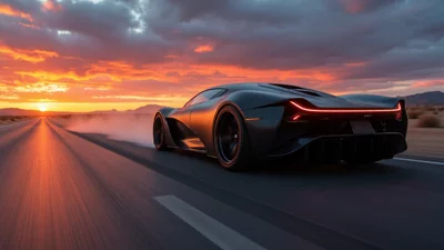 荒漠夕阳下超级跑车的写实摄影壁纸