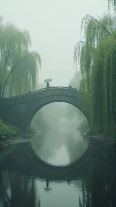 清明时节朦胧的江南水乡风景，石桥，杨柳，细雨