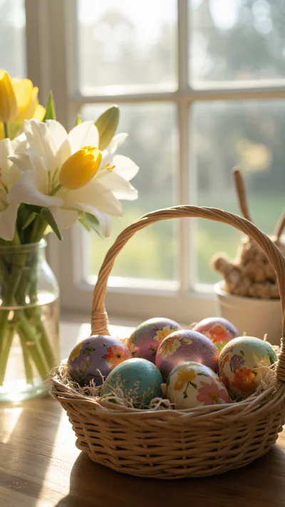 复活节彩蛋篮子放在阳光明媚的窗台边，郁金香花丛