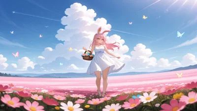 动漫女孩穿着兔子耳朵装饰，在五彩缤纷的花田中拿着复活节篮子