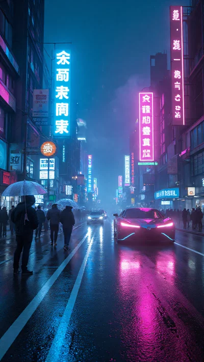 雨中的赛博朋克街道，霓虹灯倒影在积水的地面上