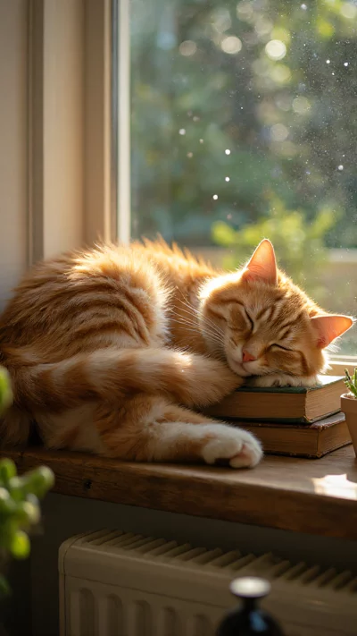 橘猫躺在阳光下的旧书堆旁睡觉，窗外是花园