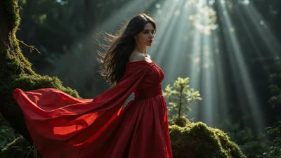 一位穿着鲜艳红裙的美女站在迷雾缭绕的森林深处