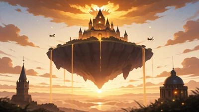 动漫风格的天空浮岛，巨大的古树，云海中的瀑布