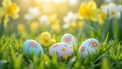 复活节彩蛋，春季花园，柔和阳光，水仙花，写实摄影