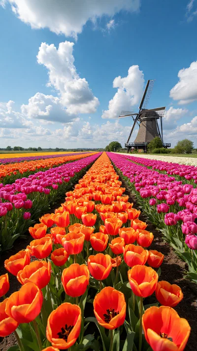 荷兰郁金香花田，风车，春季美景，写实风光