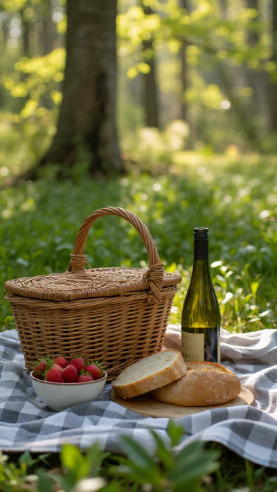 森林野餐，春季阳光，治愈系场景，写实写意