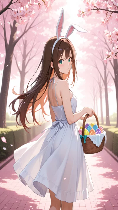 动漫少女，兔耳，复活节，樱花，小清新