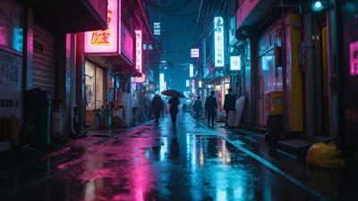 赛博朋克，东京街头，霓虹灯，雨夜，未来城市