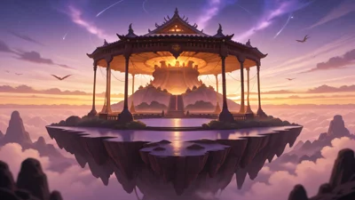 浮空岛，奇幻，动漫风景，夕阳，壮丽