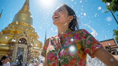 泰国泼水节人像，水花飞溅，清迈寺庙背景