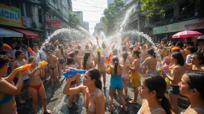 曼谷街道泼水节狂欢场景，水枪，人群，节日氛围