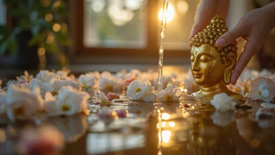 浴佛仪式特写，茉莉花瓣，香水，泰国传统