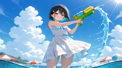 动漫少女泼水节，水枪，夏日感，清凉