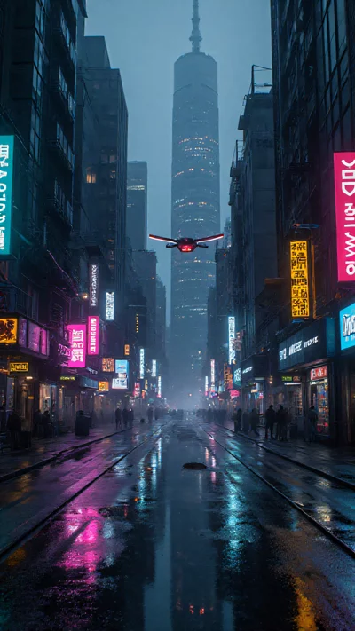 赛博朋克夜景，霓虹灯，雨后街道，未来感