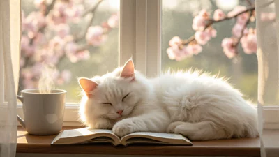 治愈系猫咪，窗边阳光，温馨下午茶