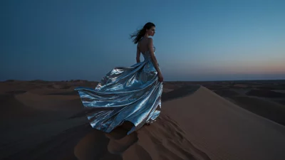 时尚写真，沙漠背景，金属感长裙，高级感