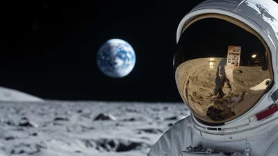 写实风格，宇航员在月球看地球，航天日主题壁纸