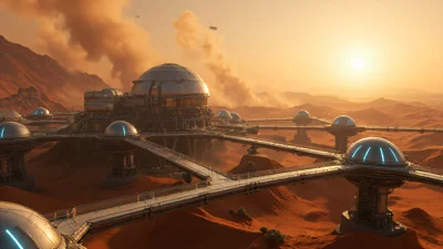 写实火星基地，科幻建筑，红色星球风景