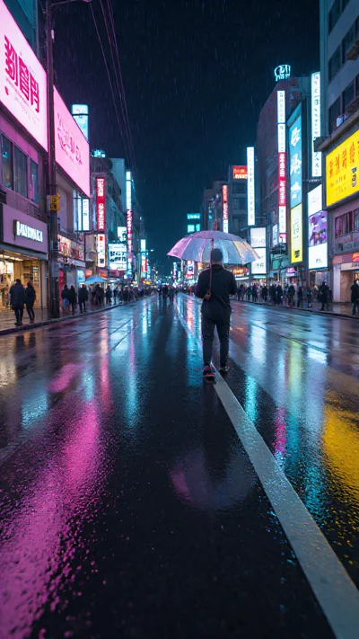 写实东京夜景，霓虹灯，雨中城市