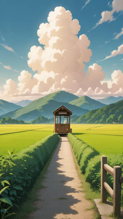 动漫风景，夏日田野，吉卜力风格壁纸