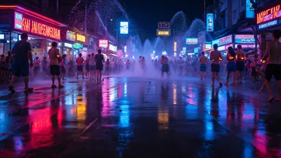 曼谷街道泼水节夜景