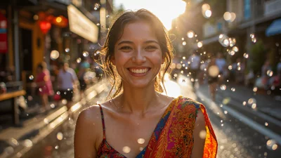 泼水节欢庆人像，水花飞溅，阳光灿烂