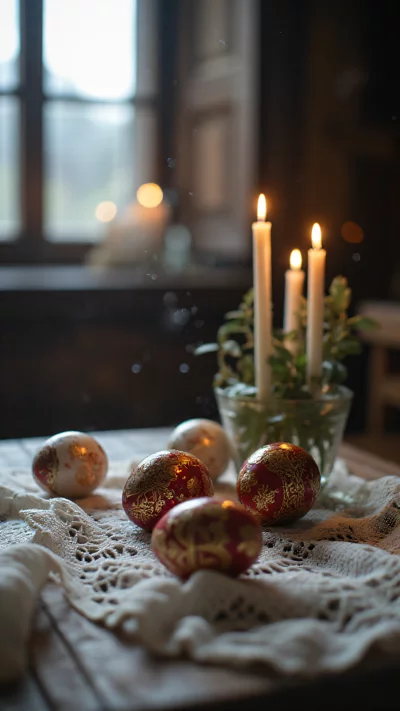 复活节彩蛋，蜡烛，古典静物