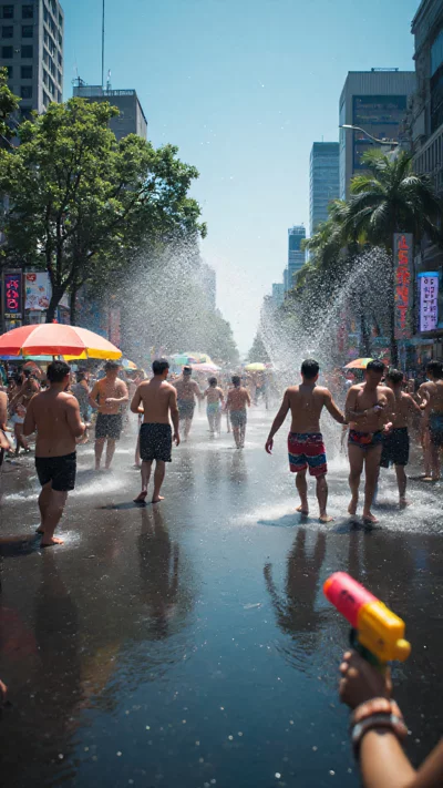 曼谷街头泼水节，活力四射的城市景观