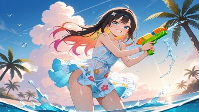 动漫少女泼水节，夏日风情，可爱