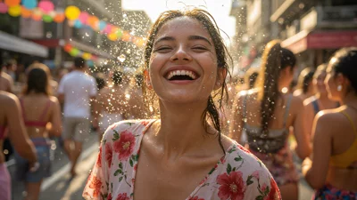 泼水节街头欢庆的年轻女子，水花飞溅，阳光明媚
