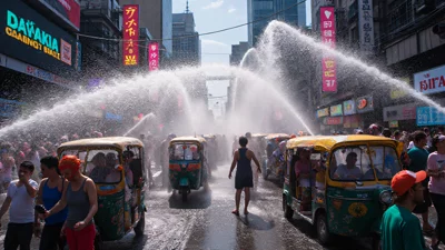 曼谷街头密集的泼水节庆祝人群，水枪与水盆齐飞