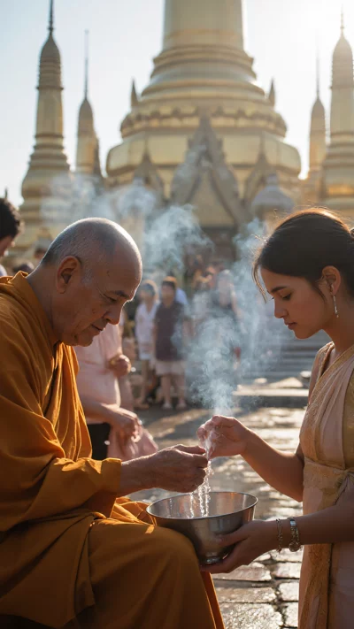 清晨泰国寺庙前的传统泼水仪式，柔和的光线