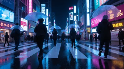 赛博朋克感的东京雨夜街景，霓虹灯倒影，繁华都市