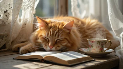 窗边阳光下的猫咪，温馨的居家氛围，治愈系