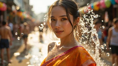 泼水节庆祝场景，阳光下飞溅的水花和欢笑的女性