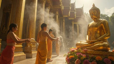 泰国寺庙前的泼水节祈福仪式