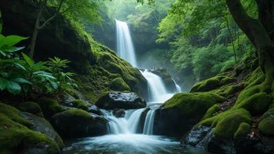 深山中的绿色瀑布美景