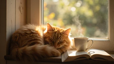 在窗边阳光下睡觉的治愈系猫咪